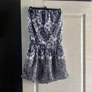 Blue & white strapless boutique romper